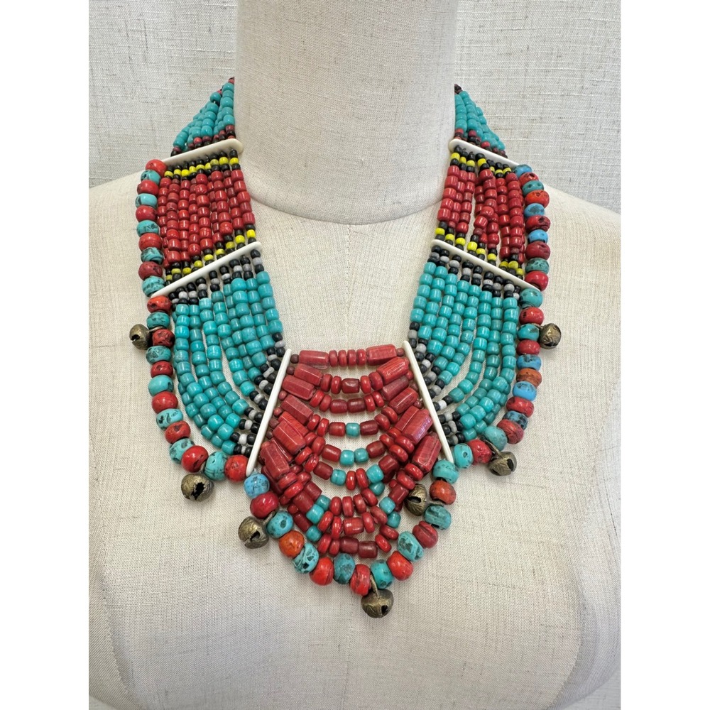 Handcrafted Multi Strand Bead Bib Statement Necklace Turquoise Red Boho Tribal